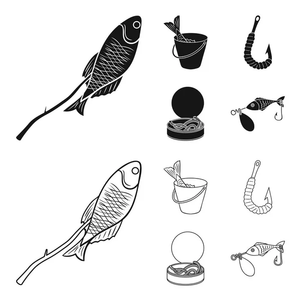 Pesca Peces Shish Kebab Iconos Colección Conjunto Pesca Negro Esquema — Vector de stock