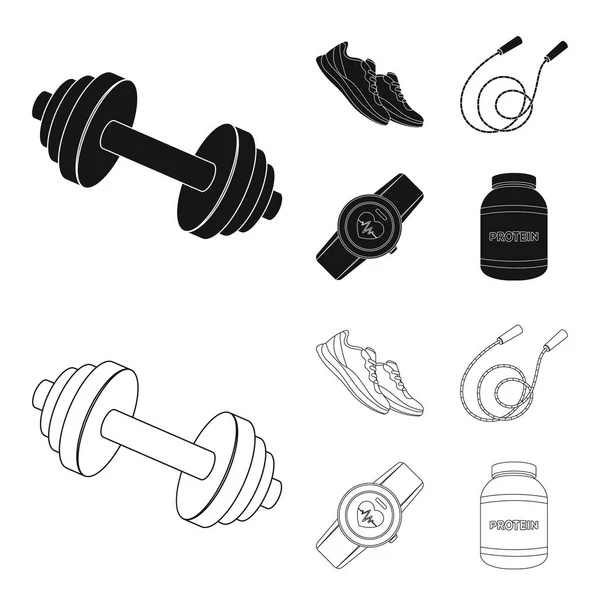 Haltere, corda e outros equipamentos para treinamento.Ginásio e conjunto de exercícios ícones de coleção em preto, estilo esboço símbolo vetorial estoque ilustração web . — Vetor de Stock