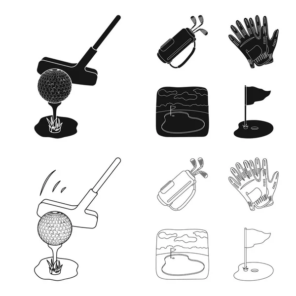 Une balle avec un club de golf, un sac avec des bâtons, des gants, un terrain de golf.Club de golf ensemble icônes collection en noir, contour de style vectoriel symbole illustration web . — Image vectorielle