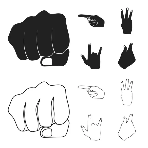 Pugno chiuso, indice e altri gesti. I gesti della mano impostano icone di raccolta in nero, delineano lo stile vettoriale simbolo stock illustrazione web . — Vettoriale Stock