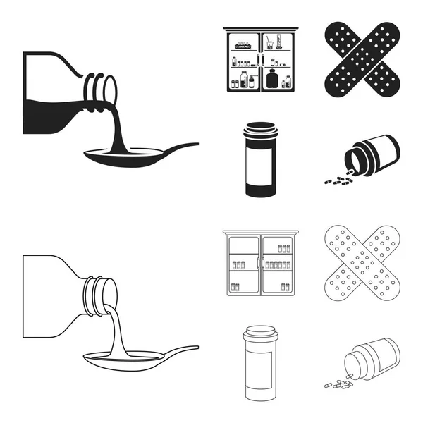 Sciroppo in un cucchiaio, gesso, miele, armadietto medico. icone di raccolta Medicine set in nero, contorno stile vettore simbolo stock illustrazione web . — Vettoriale Stock