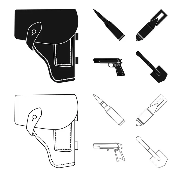 Holster, cartridge, bom udara, pistol. Militer dan tentara menetapkan koleksi ikon dalam warna hitam, garis luar gaya vektor simbol saham gambar web . - Stok Vektor