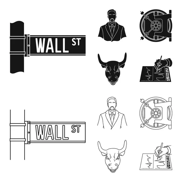 Wall Street, biznesmen, skarbca, złoto, ładowanie byka. Pieniądze i finanse zestaw kolekcji ikon w czarny, www ilustracji symbol wektor zarys styl. — Wektor stockowy