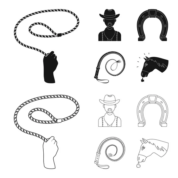 Lazo de mano, vaquero, herradura, látigo. Rodeo conjunto colección iconos en negro, contorno estilo vector símbolo stock ilustración web . — Vector de stock