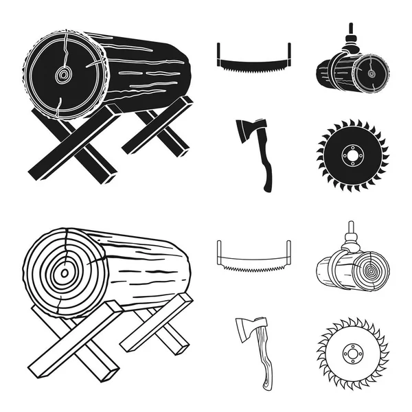 Log on supports, two-hand saw, ax, raising logs. Sawmill and timber set collection icons in black,outline style vector symbol stock illustration web. — Stock Vector