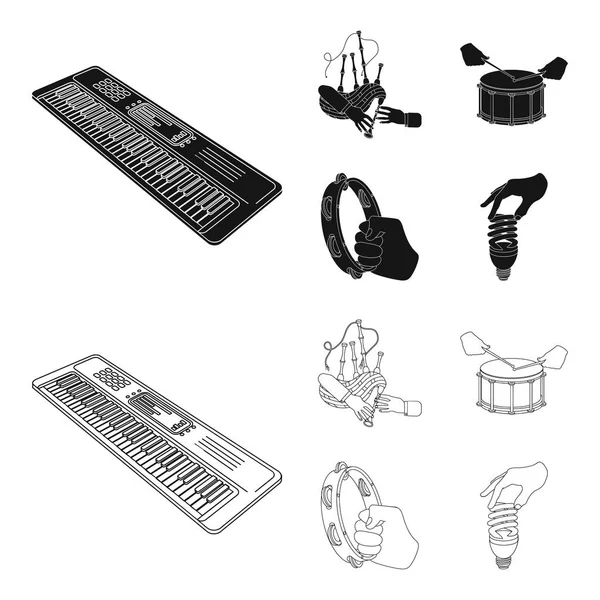 Synthesizer melodiler, gayda skoç ve diğer web simge siyah stil anahat. davul, davul, tef el Icons set koleksiyonu.