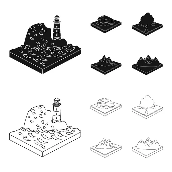 Dağlar, kayalar ve peyzaj. Yardım ve dağlar toplama simgeler siyah, anahat stili izometrik vektör simge stok çizim web ayarla.