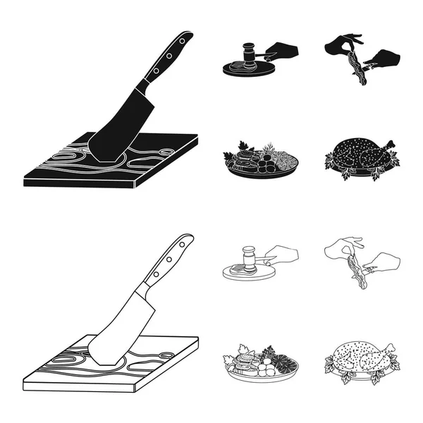 Besteck auf einem Schneidebrett, Hammer für Koteletts, Speck kochen, Fisch und Gemüse essen. Essen und Kochen Set Sammlung Symbole in schwarz, Umriss Stil Vektor Symbol Stock Illustration Web. — Stockvektor