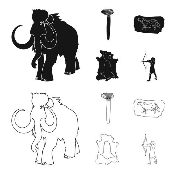 Primitive, mammouth, armes, marteau. Icônes de collection de l'âge de pierre en noir, contour style vectoriel symbole illustration web . — Image vectorielle
