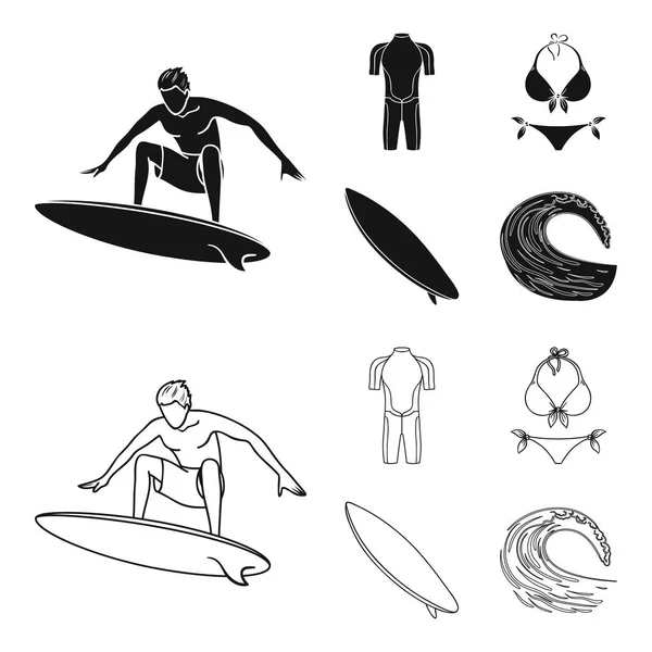 Surfer, traje de neopreno, bikini, tabla de surf. Surf conjunto colección iconos en negro, contorno estilo vector símbolo stock ilustración web . — Archivo Imágenes Vectoriales