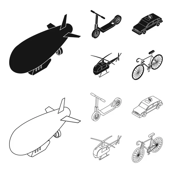 一个飞艇, 一个儿童滑板车, 一辆出租车, 一架直升飞机。传输集集合图标黑色, 轮廓样式矢量符号股票插图 web. — 图库矢量图片