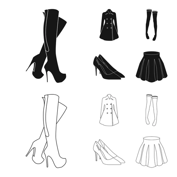 Botas altas de mujer, abrigos en botones, medias con una banda elástica con un patrón, zapatos de tacón alto. Mujeres ropa conjunto colección iconos en negro, contorno estilo vector símbolo stock ilustración web . — Archivo Imágenes Vectoriales