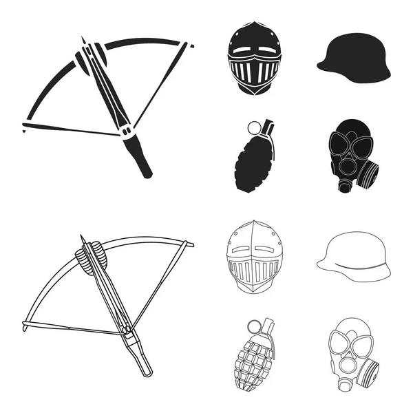 Crossbow, medieval helmet, soldier helmet, hand grenade. Weapons set collection icons in black,outline style vector symbol stock illustration web. — Stock Vector