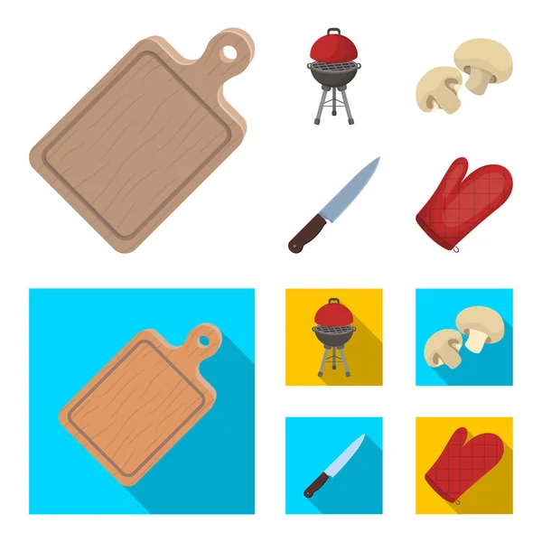 Griglia barbecue, champignons, coltello, barbecue mitten.BBQ set icone di raccolta in cartone animato, stile piatto vettore simbolo stock illustrazione, web — Vettoriale Stock