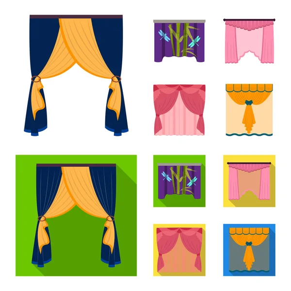 Nakış, tekstil, mobilya ve diğer web simgesi karikatür, düz stil. Perdeler, sopa, kornişler, küme koleksiyon simgeler.
