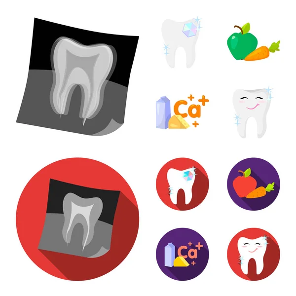 A tooth with brilliant sparkling, an apple with carrots useful for teeth, milk in a box, cheese and a sign of calcium, a smiling tooth. Dental care set collection icons in cartoon,flat style vector — Stock Vector