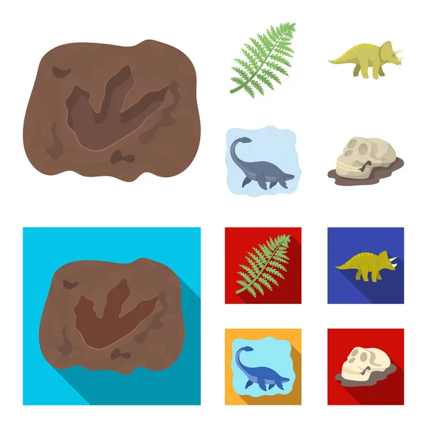 Dinosaurio marino, triceratops, planta prehistórica, cráneo humano. Dinosaurio y período prehistórico conjunto de iconos de colección en dibujos animados, vector de estilo plano símbolo stock ilustración web . — Archivo Imágenes Vectoriales