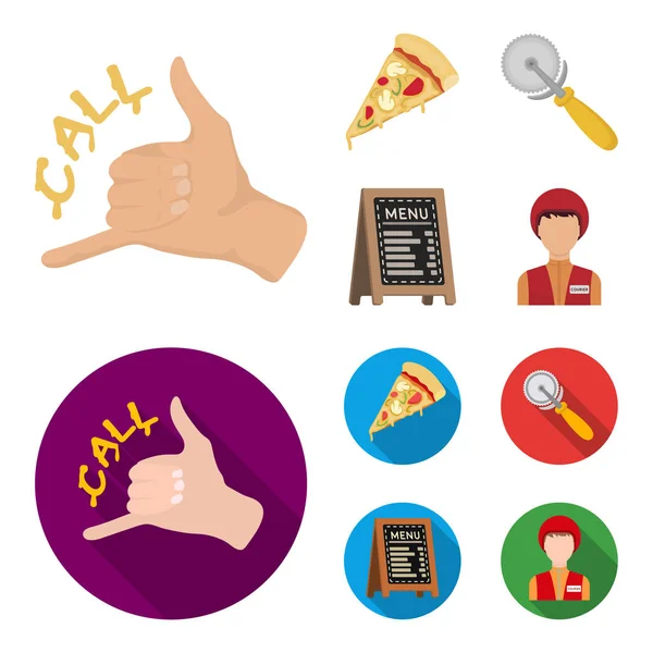 Bir pizza kesici, bir dilim, bir menüde bir pizzacı, bir kurye. Pizza ve pizza çizgi film, düz stil vektör simge stok çizim web simgeler ayarla.