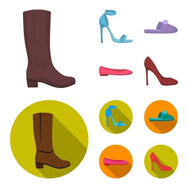 Sandalias de tacón alto azul, zapatillas de lilas caseras con un pampón, zapatos de ballet para mujeres rosas, zapatos de tacón alto marrones. Zapatos conjunto de iconos de colección en dibujos animados, plano estilo vector símbolo stock ilustración web — Vector de stock