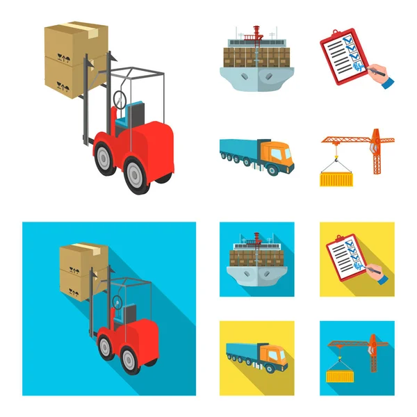 Zeevracht, handtekening van de leveringsdocumenten, vrachtwagen, toren kraan met een container. Logistiek en levering instellen collectie iconen in de tekenfilm, vlakke stijl isometrische vector symbool stock illustratie web. — Stockvector