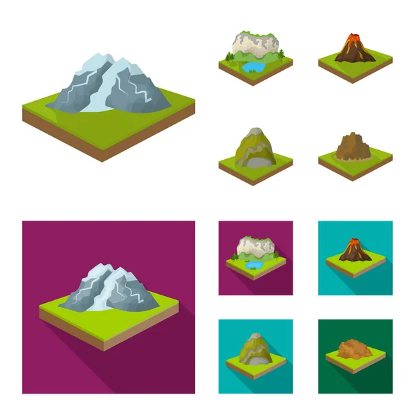 Berg, klippor och landskap. Lättnad och bergen som samling ikoner i tecknad, platt stil isometrisk vektor symbol stock illustration web. — Stock vektor