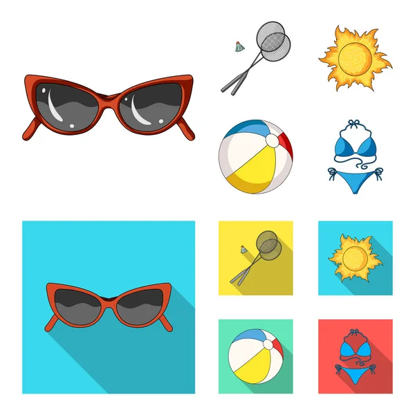Een spel van badminton, een bal en de zon. Zomervakantie instellen collectie iconen in de tekenfilm, vlakke stijl vector symbool stock illustratie web. — Stockvector