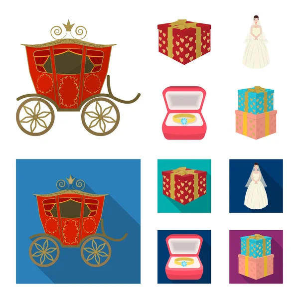 Düğün ve öznitelikleri çizgi film, düz, anahat, siyah simgeler set koleksiyonu tasarım için. Sembol stok illüstrasyon vektör yeni evliler ve aksesuarları.