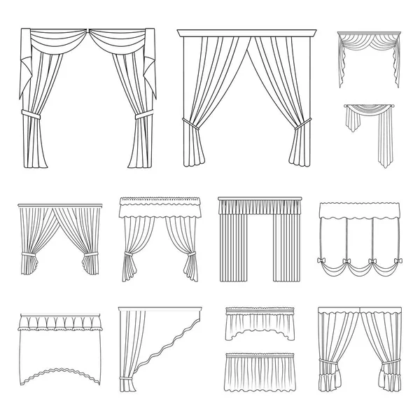 Perde çeşitleri set koleksiyonu tasarım için simgeleri anahat. Perdeler ve Saçakların sembol stok web illüstrasyon vektör.