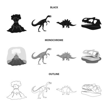 Volkanik patlama, gallimimus, stegosaurus, dinozor kafatası. Dinozor ve tarih öncesi dönem koleksiyonu Icons set siyah, tek renkli, anahat stili vektör simge stok çizim web.