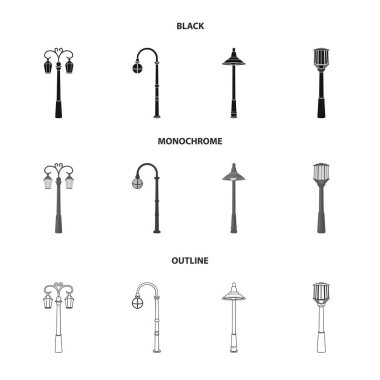 Retro tarzı, modern fener, meşale ve diğer tip-in sokak sokak lâmbası direği. Elektrik direği koleksiyonu Icons set siyah, tek renkli, anahat stili vektör simge stok çizim web.
