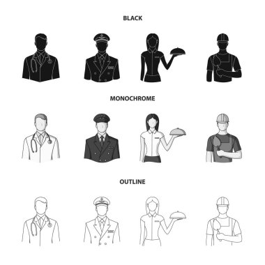 Doktor, pilot, garson kız, builder, mason. Meslek koleksiyonu Icons set siyah, tek renkli, anahat stili vektör simge stok çizim web.
