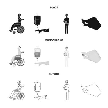 Travma, kan nakli, Doktor, bir doktorun elinde ilaç ile geçersiz. Medicineset toplama simgeler siyah, tek renkli, anahat stili vektör simge stok çizim web.