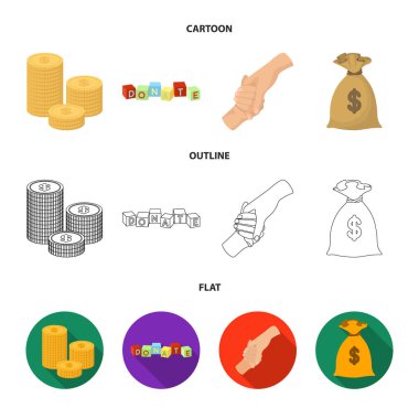 Paralar bağışlar, renkli küpleri ile bir yazıt, bir el sıkışma, bir çanta dolusu para için bağış için bir yığın. Yardım ve bağış toplama Icons set çizgi film, anahat, düz stil vektör simge stok