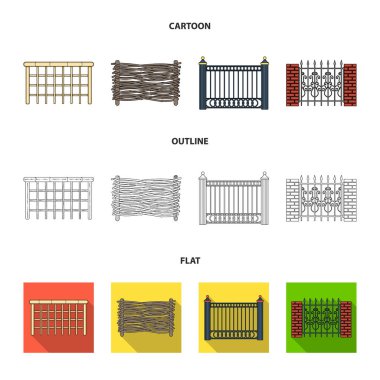 Metal ve tuğla, ahşap çit çit. Farklı bir çit koleksiyonu Icons set çizgi film, anahat, düz stil vektör simge stok çizim web.