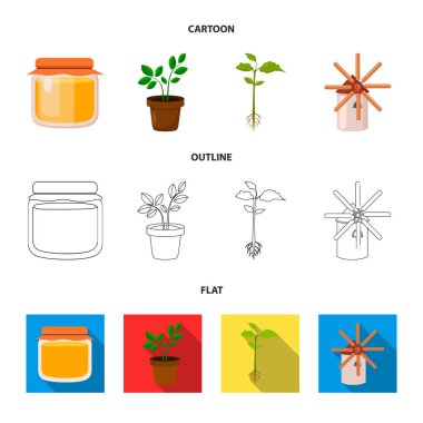 Tatlım banka, fabrika, değirmen. Çiftlik toplama Icons set çizgi film, anahat, düz stil vektör simge stok çizim web.