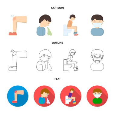 Bir ayak ile tıbbi maskeli bir adam tuvalette, oturan bir adam hasta, hapşırma diz, bir çürük. Çizgi film, anahat, düz stil vektör simge stok çizim web hasta küme koleksiyon simgeler.