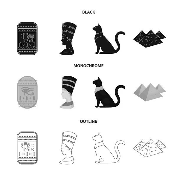 奈费尔提蒂的眼睛, 黑色的埃及猫, 金字塔, 头. 古埃及集图标黑色, 单色, 轮廓样式矢量符号股票插画网站. — 图库矢量图片