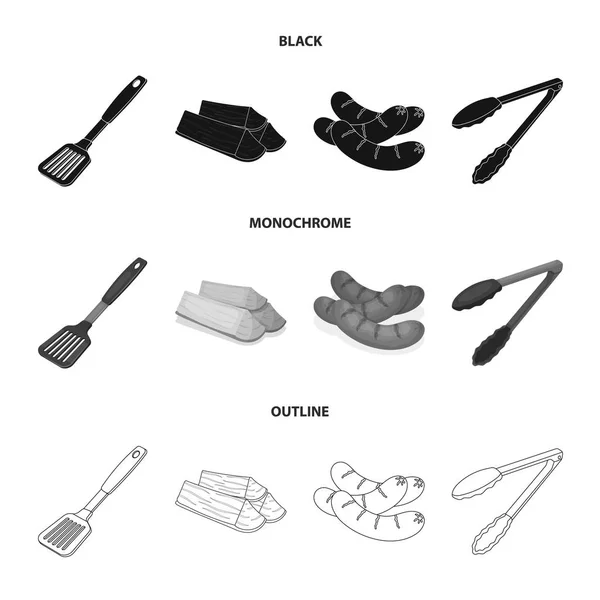 Blade keuken, brandhout, worst en andere voor de barbecue. BBQ instellen collectie iconen in zwart, zwart-wit, overzicht stijl vector symbool stock illustratie web. — Stockvector