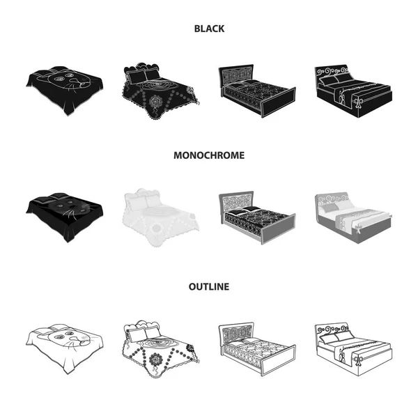 Letti diversi neri, monocromatici, icone di contorno nella collezione set per il design. Mobili per dormire vettoriale simbolo isometrico stock web illustrazione . — Vettoriale Stock