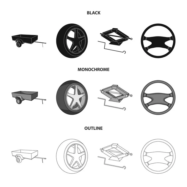 Caravana, roda com tampa de pneu, macaco mecânico, volante, ícones de coleção de conjunto de carro em preto, monocromático, estilo esboço vector símbolo ilustração web . — Vetor de Stock