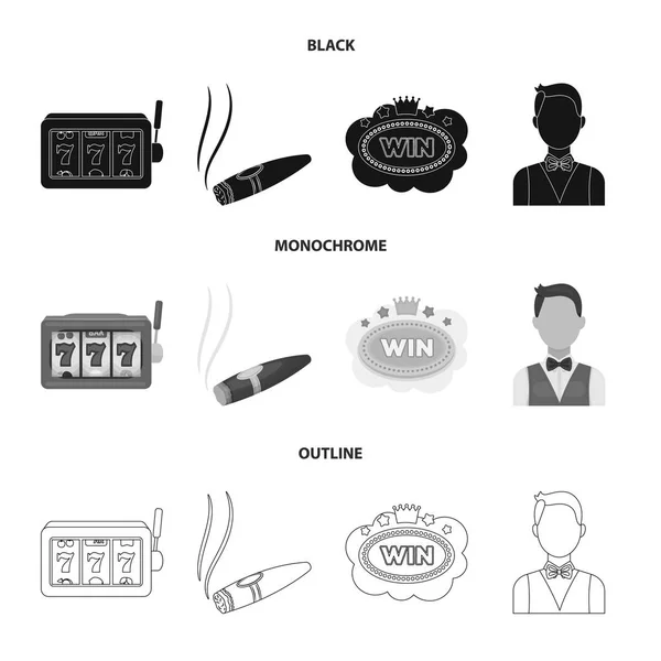 A gaming machine a one-armed bandit, a cigar with smoke, a five-star hotel sign, a dilettante in a vest. Casinos and gambling set collection icons in black,monochrome,outline style vector symbol stock — Stock Vector
