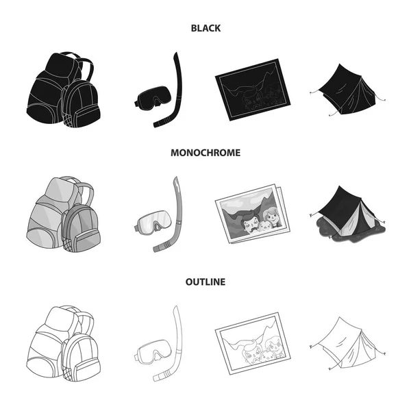 Reisen, Urlaub, Rucksack, Gepäck. Familie Urlaub Set Sammlung Symbole in schwarz, monochrom, Umriss Stil Vektor Symbol Stock Illustration Web. — Stockvektor