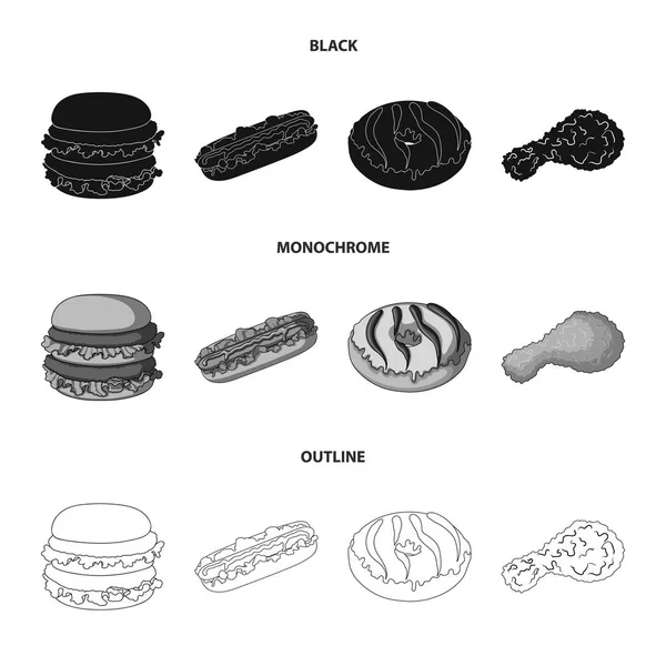 Gyors élelmiszer, étel, és más pókháló ikon, fekete, fekete-fehér, vázlat stílusú. Hamburger zsemle, liszt, set gyűjtemény ikonok. — Stock Vector