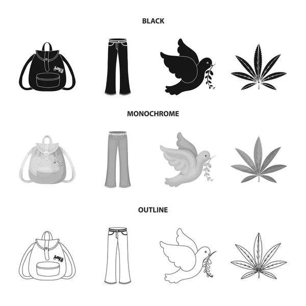 Una hoja de cannabis, una paloma, jeans, una mochila.Hippy conjunto de iconos de la colección en negro, monocromo, contorno estilo vector símbolo stock ilustración web . — Vector de stock