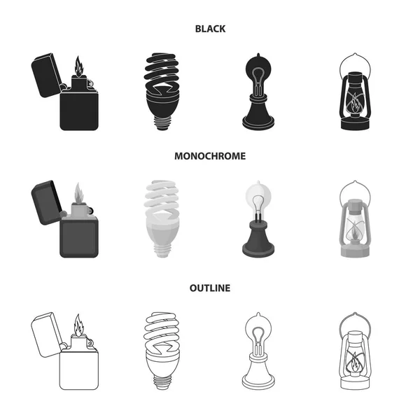 Lehčí, úsporné žárovky, petrolejové lampy, lampa edison. Světelný zdroj sada kolekce ikon v černá, černobílá, osnovy styl vektor symbol skladem ilustrace web. — Stockový vektor