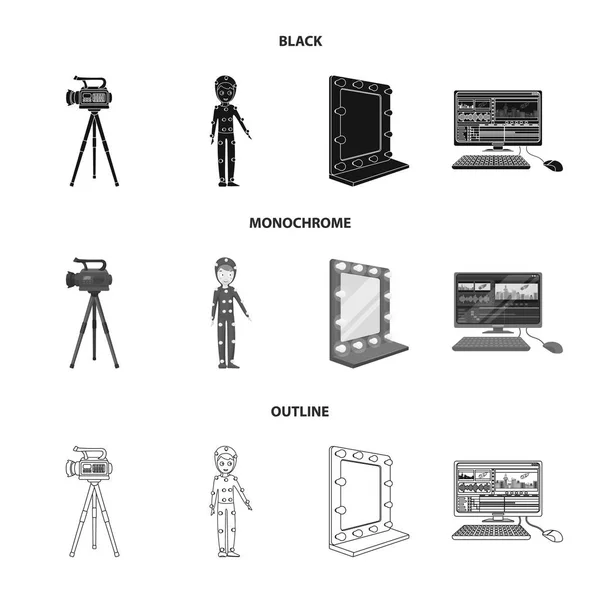 Uma câmera de filme, um terno para efeitos especiais e outros equipamentos. Fazendo filmes definir ícones de coleção em preto, monocromático, esboço estilo vetor símbolo estoque ilustração web . —  Vetores de Stock