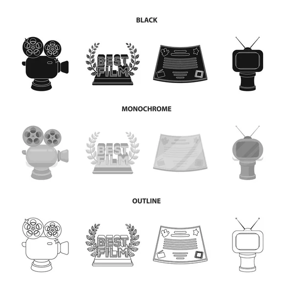 Silver camera. A bronze prize in the form of a TV and other types of prizes.Movie award,sset collection icons in black,monochrome,outline style vector symbol stock illustration web. — Stock Vector
