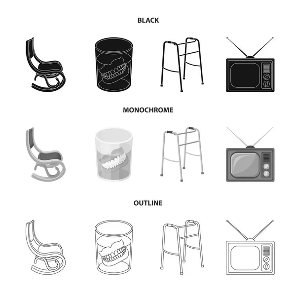 Sallanan sandalye, walker, eski Tv.Old yaş takma diş, koleksiyon Icons set siyah, tek renkli, anahat stili vektör simge stok çizim web. — Stok Vektör