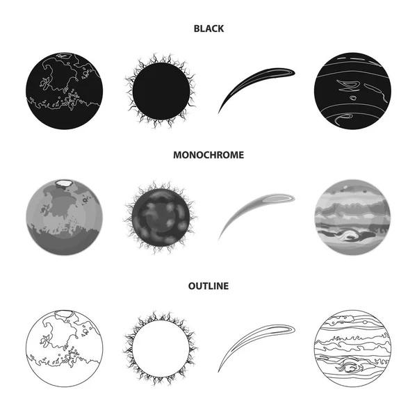 Terra, Giove, il Sole del Pianeta del Sistema Solare. Asteroide, meteorite. I pianeti impostano icone di raccolta in nero, monocromatico, delineano lo stile vettoriale simbolo stock illustrazione web . — Vettoriale Stock