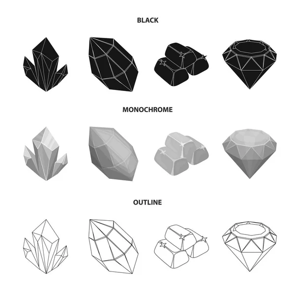 Cristais, minerais, barras de ouro. Minerais preciosos e ícones coleção conjunto joalheiro em preto, monocromático, estilo esboço vector símbolo estoque ilustração web . — Vetor de Stock